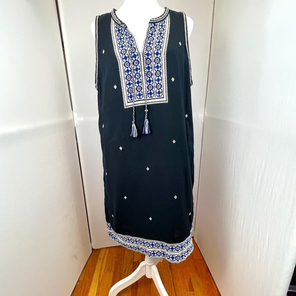MADEWELL SUNCOAST EMBROIDERED‎ SHIFT DRESS BLACK #F2231 SIZE 12 Boho Beach